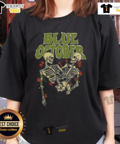 Premium Blue October Skeleton Buddies Ladies Tee featuring fun skeleton graphics for a stylish Halloween look.