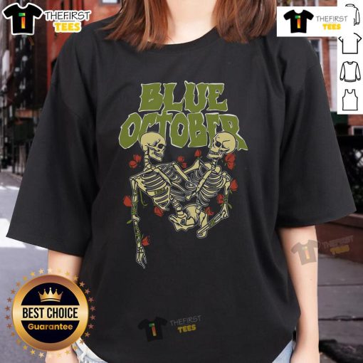 Premium Blue October Skeleton Buddies Ladies Tee featuring fun skeleton graphics for a stylish Halloween look.