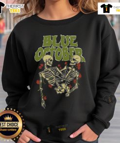 Premium Blue October Skeleton Buddies Sweatshirt featuring playful skeleton designs on a cozy fabric.