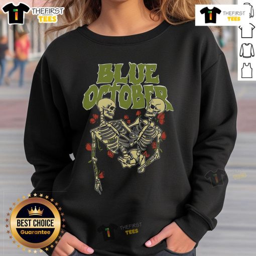 Premium Blue October Skeleton Buddies Sweatshirt featuring playful skeleton designs on a cozy fabric.