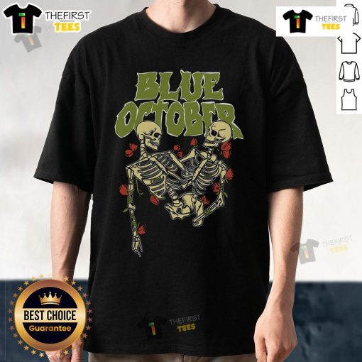 Premium Blue October Skeleton Buddies T-Shirt featuring vibrant skeleton designs in a stylish, comfortable fit.