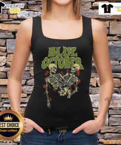 Alt Text: Premium Blue October Skeleton Buddies Tank Top featuring playful skeleton graphics for a fun, stylish summer look.