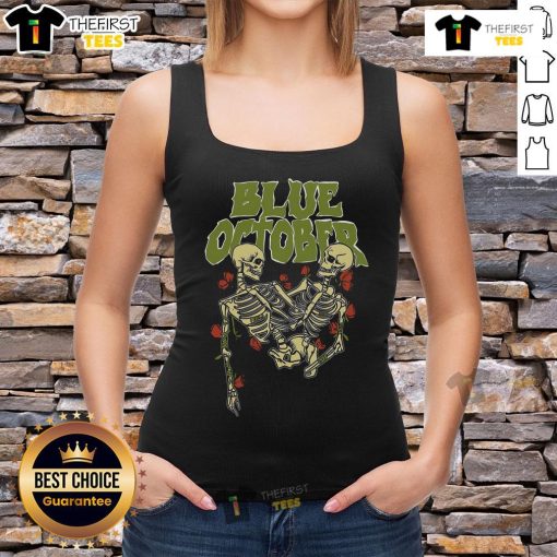 Alt Text: Premium Blue October Skeleton Buddies Tank Top featuring playful skeleton graphics for a fun, stylish summer look.