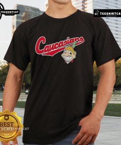 Premium Bomani Jones Caucasians Chief Wahoo Logo T-Shirt featuring a bold graphic design and vibrant colors.