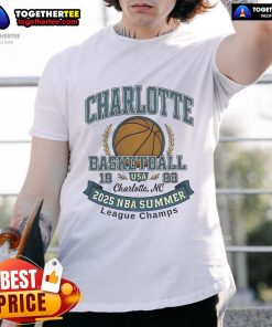 Premium Charlotte Hornets Basketball T-shirt celebrating the 2025 Summer League Champs, featuring team colors and logo.