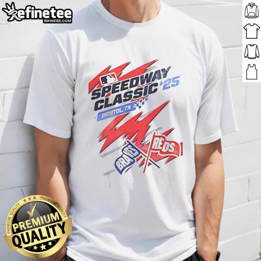 Premium Cincinnati Reds and Atlanta Braves MLB Speedway Classic '25 T-Shirt featuring vibrant team graphics, Bristol TN.