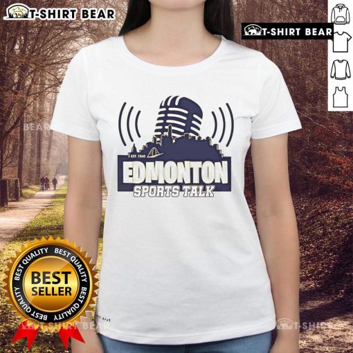 Premium Edmonton Sports Talk Est 1260 Ladies Tee showcasing stylish design for sports enthusiasts and fans.