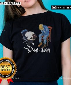Alt Text: Premium Evangogh and Shinji meme on a ladies tee, showcasing a humorous chair scene from popular anime culture.