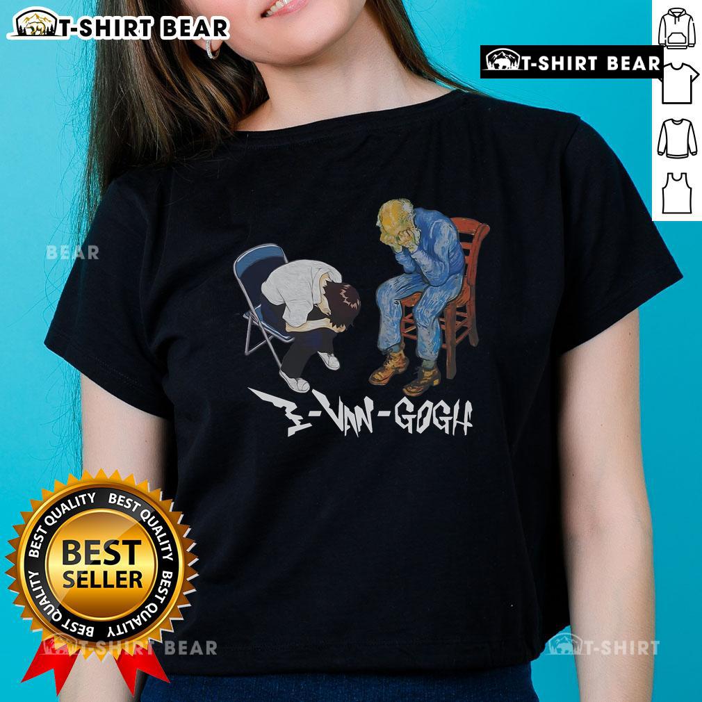 Premium Evangogh And Shinji In A Chair Meme Ladies Tee Alt Text: Premium Evangogh and Shinji meme on a ladies tee, showcasing a humorous chair scene from popular anime culture.
