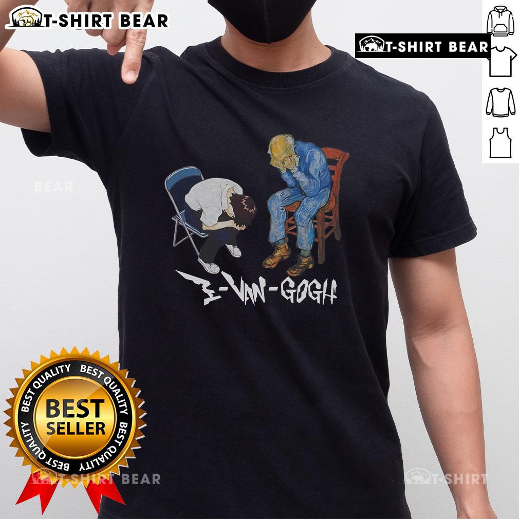 Premium Evangogh And Shinji In A Chair Meme T Shirt Alt Text: Premium Evangogh and Shinji meme t-shirt featuring a humorous design of characters sitting in a chair.