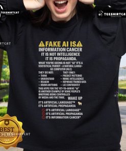 Premium Fake AI sweatshirt featuring the slogan 'Information Cancer: Not Intelligence, But Propaganda' in bold letters.