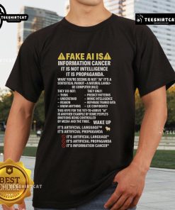 Premium Fake AI is Information Cancer T-Shirt showcasing a bold graphic design criticizing AI as propaganda, not intelligence.