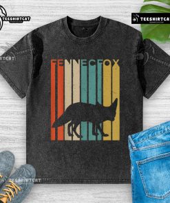 Premium Fennec Fox silhouette on a striped vintage washed t-shirt, showcasing wildlife animal design for casual wear.