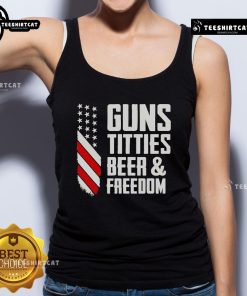 Premium Guns Titties Beer and Freedom tank top featuring a bold graphic design for patriotic apparel lovers.