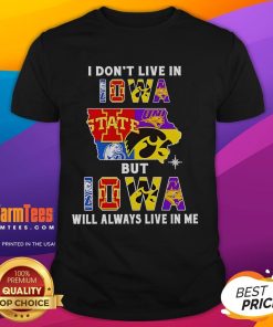 Alt Text: Premium 'I Dont Live In Iowa But Iowa Will Always Live In Me' Sports Teams T-Shirt in vibrant colors and stylish design.