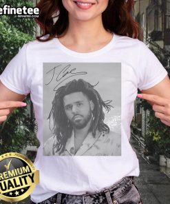 Premium J. Cole sign portrait on a stylish ladies tee, perfect for fans of the artist and trendy streetwear fashion.