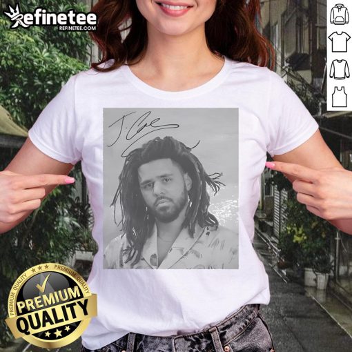 Premium J. Cole sign portrait on a stylish ladies tee, perfect for fans of the artist and trendy streetwear fashion.