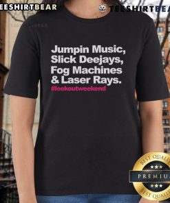 Premium Jumpin Music Slick Deejays Ladies Tee featuring vibrant colors, fog machines, and laser rays for an exciting weekend.