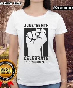 Premium Juneteenth Celebrate Freedom Fist Ladies Tee featuring a bold fist graphic and vibrant colors for festive celebrations.