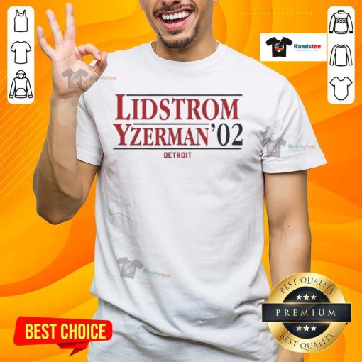 Premium Lidstrom Yzerman '02 Detroit T-Shirt featuring iconic players, perfect for hockey fans and collectors.