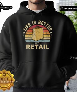 Vintage sunset hoodie featuring 'Life is Better with Retail' design, perfect for stylish, casual wear enthusiasts.