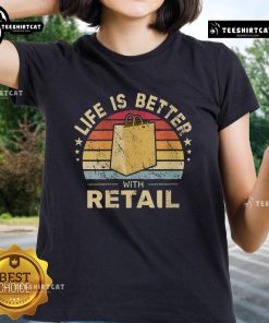 Alt Text: Premium Life Is Better With Retail Bag Vintage Sunset Ladies Tee featuring a stylish sunset graphic on a soft fabric.