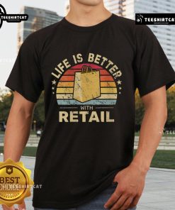 Premium Life Is Better With Retail Bag Vintage Sunset T-Shirt featuring a colorful sunset design and stylish lettering.