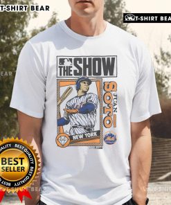 Premium MLB The Show Mets Juan Soto T-Shirt featuring vibrant graphics, perfect for baseball fans and collectors.