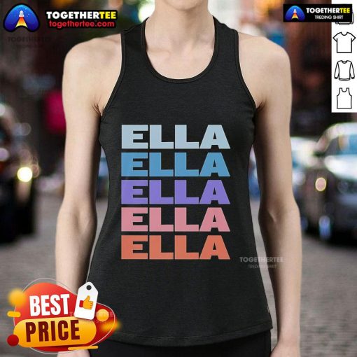 Alt Text: Premium modern repeated text design on Ella 2025 tank top in stylish colors, perfect for casual wear.