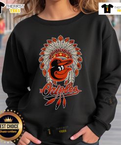 Alt Text: Premium Native Chief Headdress Baltimore Orioles sweatshirt featuring vibrant colors and unique design for fans.