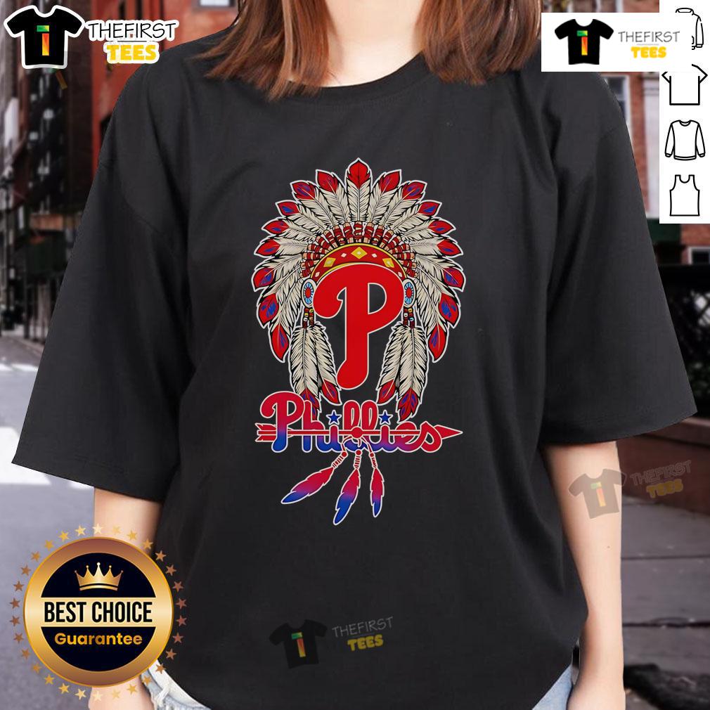 Premium Native Chief Headdress Philadelphia Phillies Ladies Tee Alt Text: Premium Native Chief Headdress Philadelphia Phillies Ladies Tee showcasing vibrant team colors and stylish design.