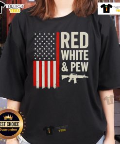 Premium Red, White, and Pew USA Flag Gun Ladies Tee featuring a stylish patriotic design for women.