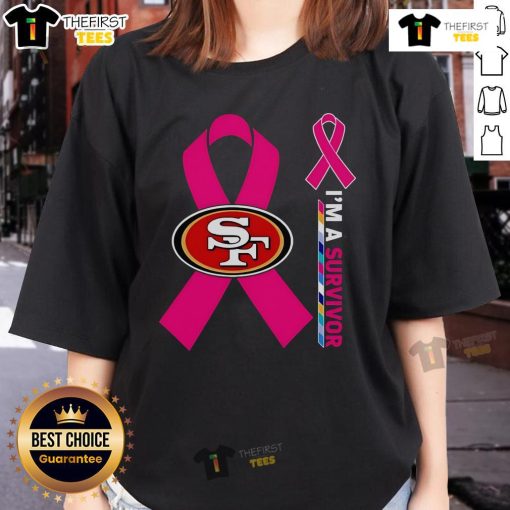 Premium San Francisco 49ers X Cancer Awareness 'I'm A Survivor' Ladies Tee showcasing support for cancer survivors.