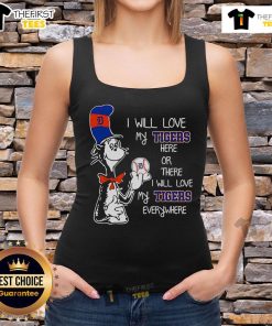 Alt Text: Premium Cat in the Hat tank top featuring 'I Will Love My Tigers Everywhere' design for cat lovers.