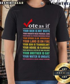 Premium ladies tee featuring 'Vote As If Your Skin Is Not White - Your Parents Need Medical Care' slogan for advocacy.