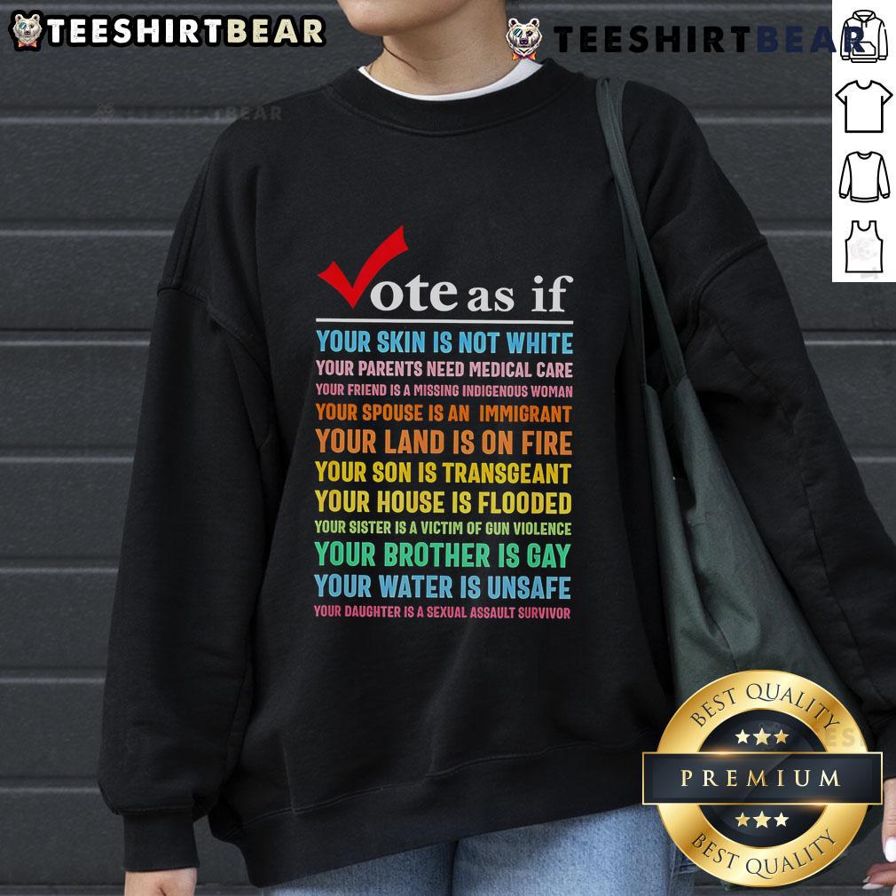 Premium Vote As If Your Skin Is Not White Your Parents Need Medical Care Sweatshirt Premium Vote sweatshirt advocating for racial equality and healthcare access, featuring bold text design.