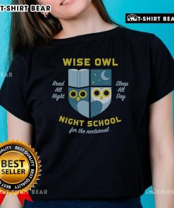 Premium Wise Owl Night School Ladies Tee featuring a whimsical owl design, perfect for casual wear and owl lovers.