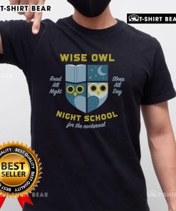 Premium Wise Owl Night School T-Shirt featuring a vibrant owl graphic, perfect for night school students and owl lovers.