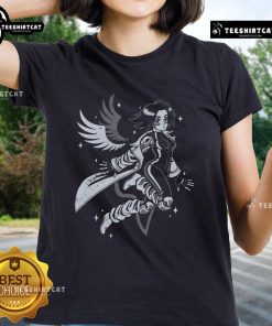 Pretty angelic cyborg anime girl in a stylish tee, showcasing a blend of futuristic and ethereal design elements.