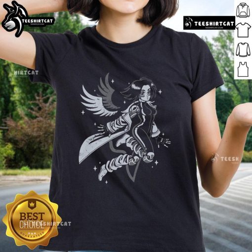Pretty angelic cyborg anime girl in a stylish tee, showcasing a blend of futuristic and ethereal design elements.