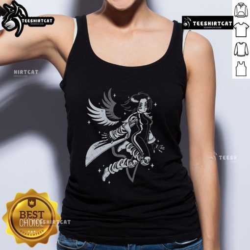 Pretty angelic cyborg anime girl in a stylish tank top, showcasing futuristic design and vibrant colors.