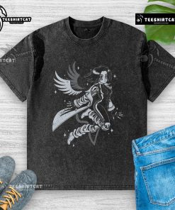 Alt Text: Pretty angelic cyborg anime girl design on a washed t-shirt, featuring vibrant colors and intricate details.