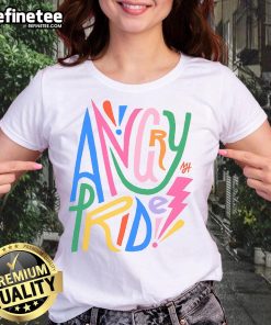 Pretty Angry Pride Ladies Tee featuring vibrant rainbow colors and bold graphics, perfect for celebrating LGBTQ+ pride.