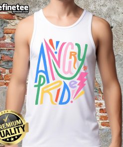Pretty Angry Pride Tank Top featuring vibrant rainbow colors and bold lettering, perfect for LGBTQ+ pride celebrations.