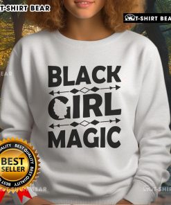 Alt Text: Stylish black girl wearing a 'Pretty Black Girl Magic' sweatshirt, showcasing confidence and vibrant fashion.