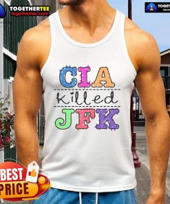 Stylish 'Pretty CIA Killed JFK' tank top featuring bold graphic design, perfect for conspiracy theory enthusiasts.