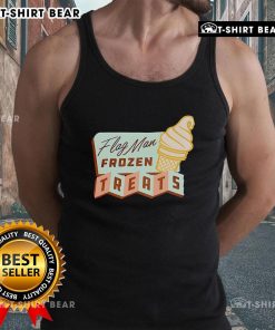 Person wearing a Pretty Flag Man Frozen Treats tank top, enjoying a colorful frozen treat on a sunny day.
