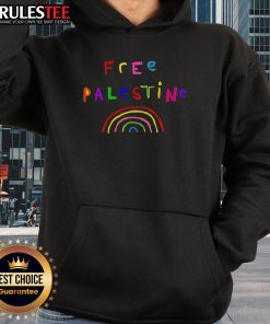 Colorful Pretty Free Palestine rainbow hoodie showcasing a vibrant design to support Palestinian rights and culture.