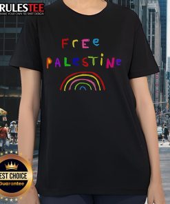 Pretty Free Palestine Rainbow Ladies Tee featuring vibrant colors and a stylish design promoting peace and solidarity.