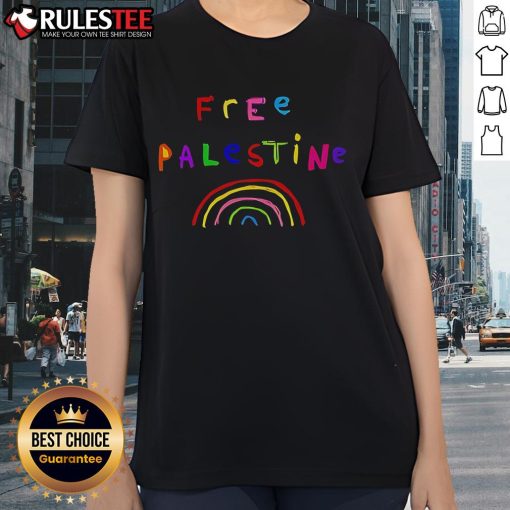 Pretty Free Palestine Rainbow Ladies Tee featuring vibrant colors and a stylish design promoting peace and solidarity.